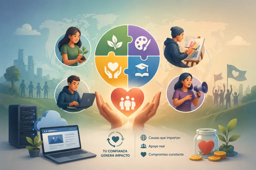 Banner ilustrado sobre colaboraciones solidarias, con manos sosteniendo un corazón luminoso y figuras de personas apoyando distintas causas, que representa alianzas con asociaciones sin fines de lucro, apoyo a artistas, activistas y proyectos con causa, y el compromiso de destinar parte de los ingresos a estas iniciativas.