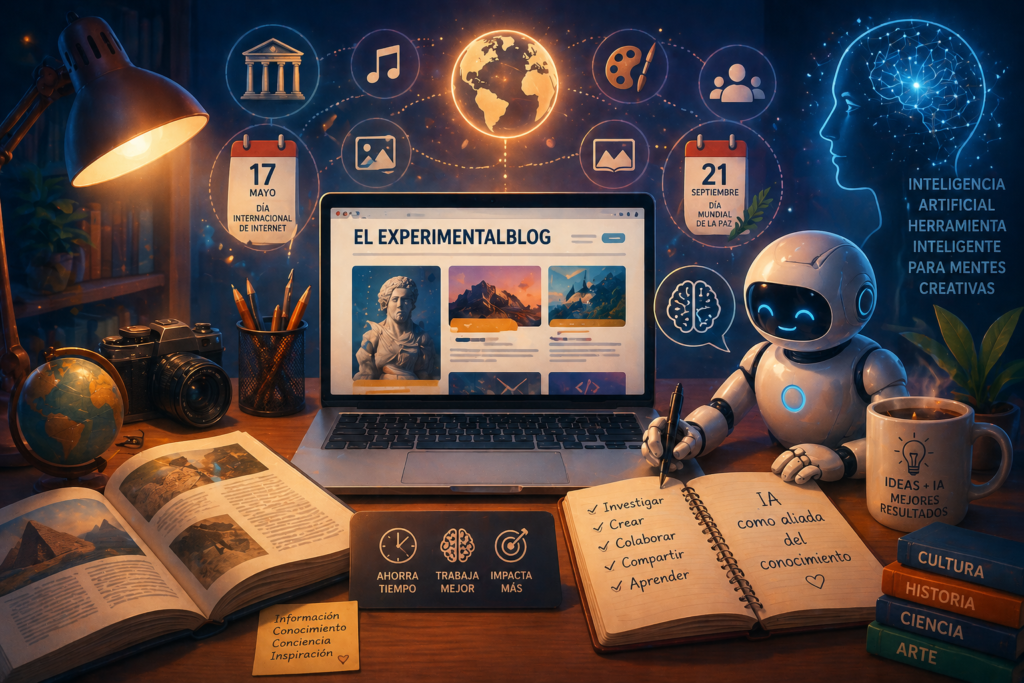 Banner horizontal para El ExperimentalBlog, con una laptop al centro, un robot con inteligencia artificial, libros, notas, cámara, globo terráqueo e íconos de cultura y conocimiento, que representa un blog colaborativo sobre cultura general, fechas importantes y divulgación hecha con ayuda de IA.