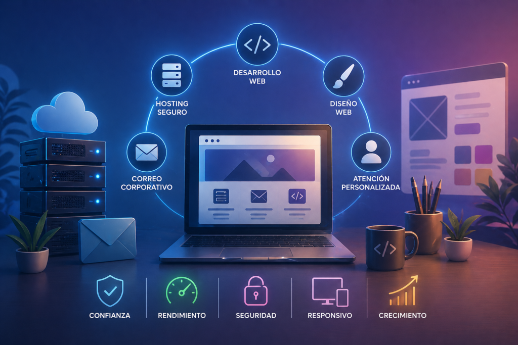 Banner horizontal sobre mis servicios digitales, con laptop al centro, servidor, correo, nube e íconos de desarrollo web, diseño, seguridad, rendimiento y atención personalizada, en un estilo moderno y tecnológico.