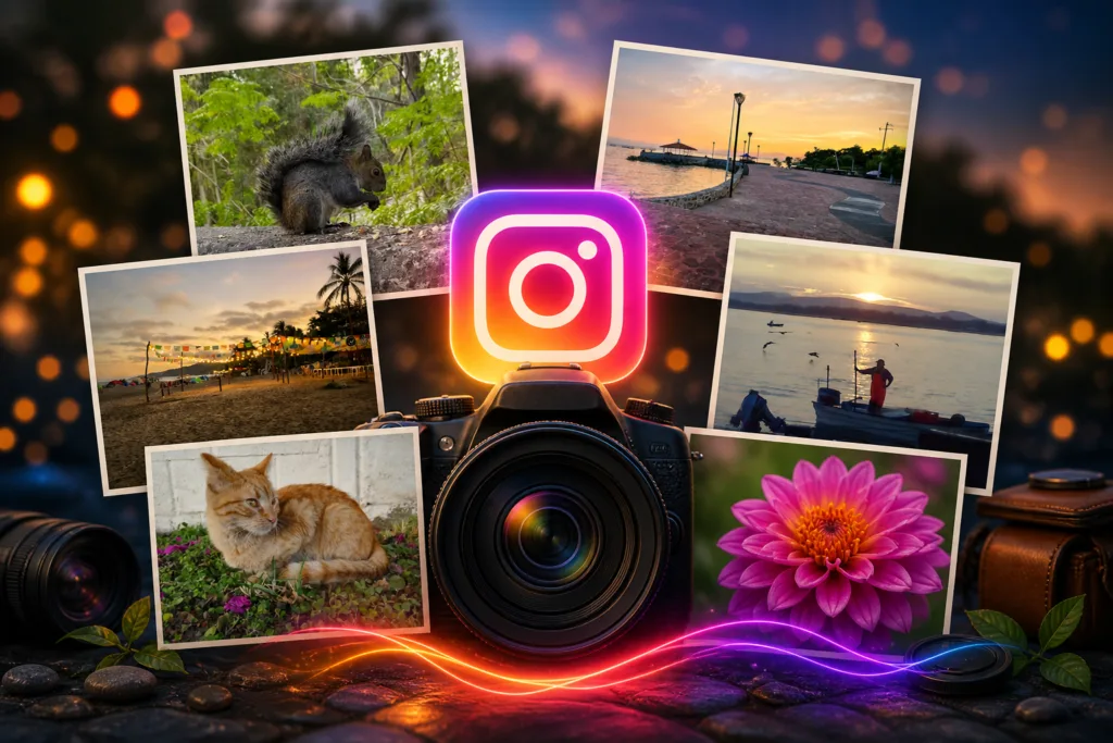 Banner horizontal en la imagen una cámara al centro y el logotipo de Instagram iluminado, rodeado por un collage de fotografías de paisajes, playa, un ardilla, un gato y una flor, que representa una cuenta de Alex Rivemo sobre fotografía variada con naturaleza, retratos y detalles visuales.