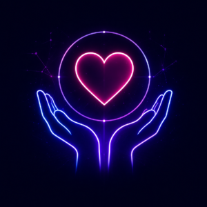 Ilustración de estilo tecnológico con manos y corazón en neón, simbolizando cuidado, conexión humana e impacto digital.
