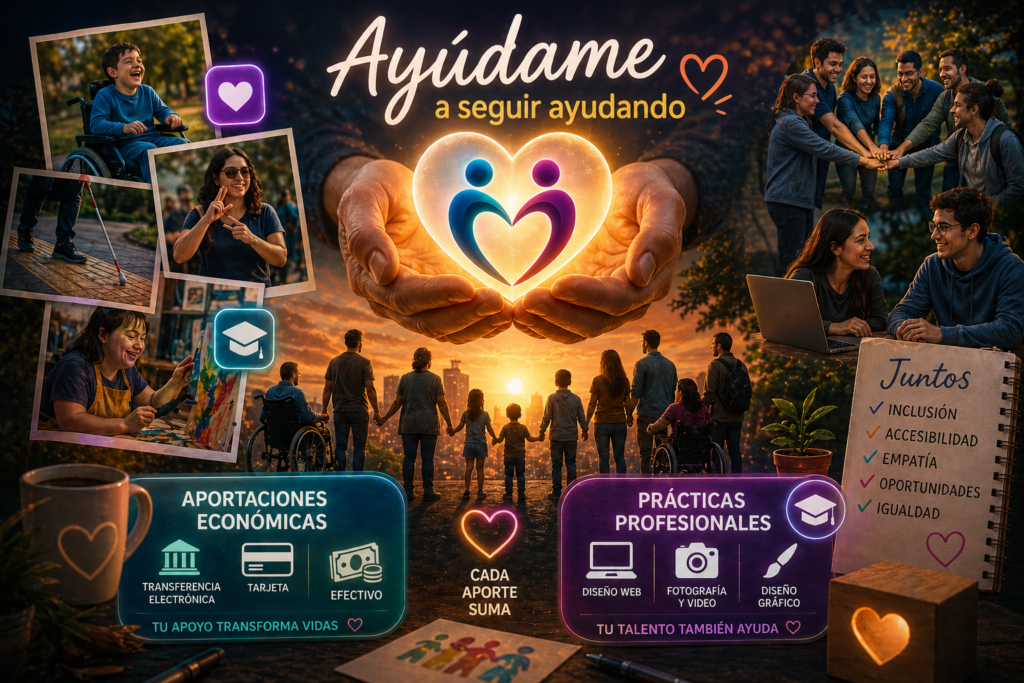 Imagen de destacada de Ayúdame a seguir ayudanso. En la imagen manos sosteniendo un corazón luminoso, personas colaborando en comunidad y dos bloques visuales para aportaciones económicas y prácticas profesionales, que representa inclusión, ayuda a personas con discapacidad y el impulso para seguir ayudando.