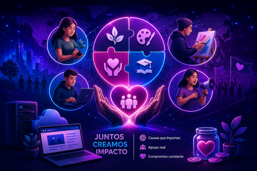 Imagen promocional en tonos neón morado, azul y rosa, con fondo oscuro y un diseño tecnológico de colaboración social. Al centro aparece un conjunto circular tipo rompecabezas con íconos de hoja, paleta de pintura, corazón con manos y birrete, sostenido por unas manos luminosas que forman un corazón. Alrededor se muestran escenas de apoyo a distintas causas: una mujer cuidando una planta, un joven pintando en un caballete, una persona trabajando en laptop, una mujer con megáfono, siluetas de comunidad, un servidor, una computadora, un frasco con corazón y monedas, y elementos de crecimiento y ayuda. En la parte inferior se lee “JUNTOS CREAMOS IMPACTO” junto a mensajes como “Causas que importan”, “Apoyo real” y “Compromiso constante”