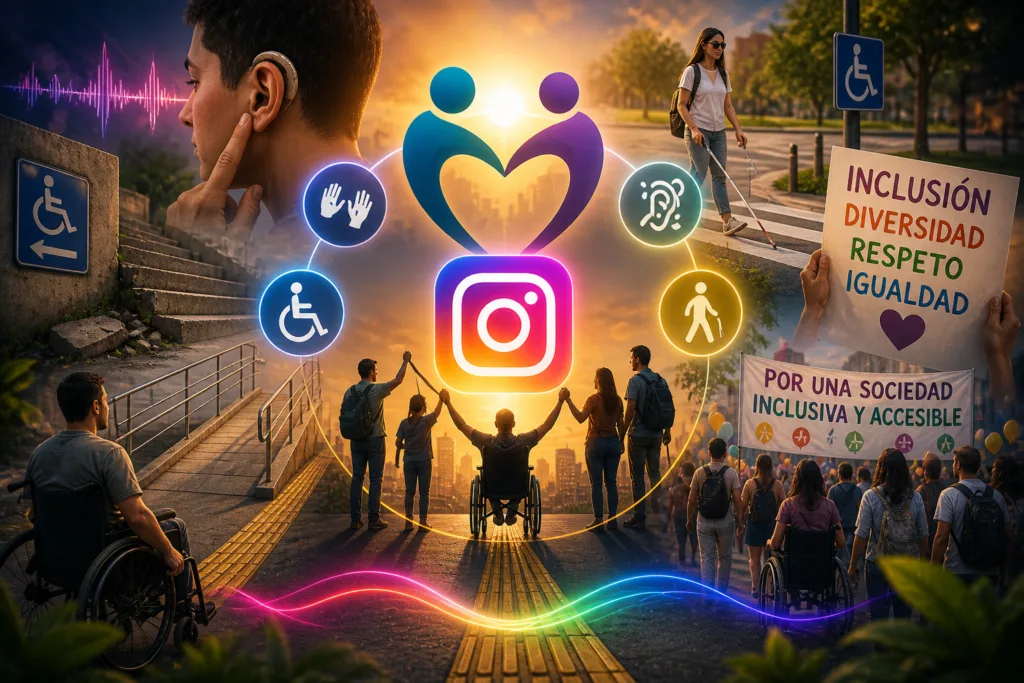 Banner horizontal sobre inclusión y accesibilidad, con personas diversas, símbolos de discapacidad, una escena de marcha por los derechos y el ícono de Instagram al centro, que representa una cuenta de activismo, denuncia y apoyo a la comunidad de personas con discapacidad.