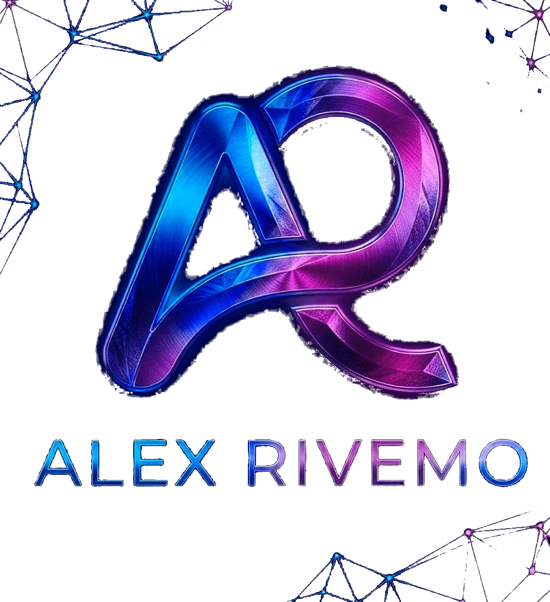 Un logotipo de marca personal para "ALEX RIVEMO". El elemento central es un monograma grande y estilizado de las letras entrelazadas 'AR', que tiene una textura metálica 3D facetada y brillante con un degradado de color neón que va del azul eléctrico al magenta-púrpura. Debajo del monograma, el nombre completo "ALEX RIVEMO" está escrito en letras mayúsculas de color azul brillante con un efecto de resplandor. En las esquinas superior izquierda e inferior derecha, hay patrones geométricos de red o constelaciones brillantes en tonos azules y púrpuras. El aspecto general es moderno, tecnológico y futurista.