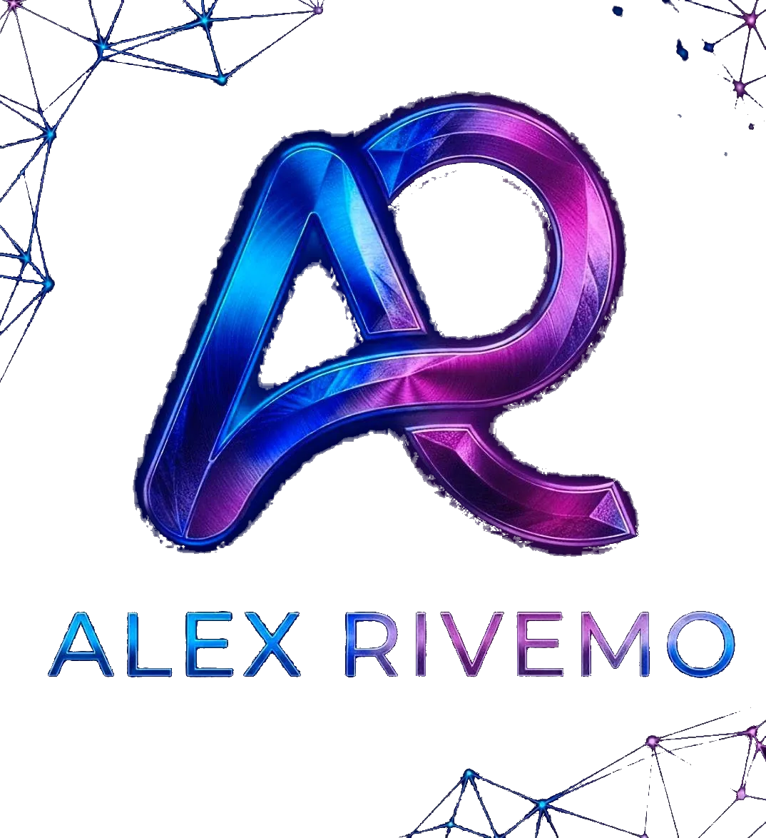 Un logotipo de marca personal para "ALEX RIVEMO". El elemento central es un monograma grande y estilizado de las letras entrelazadas 'AR', que tiene una textura metálica 3D facetada y brillante con un degradado de color neón que va del azul eléctrico al magenta-púrpura. Debajo del monograma, el nombre completo "ALEX RIVEMO" está escrito en letras mayúsculas de color azul brillante con un efecto de resplandor. En las esquinas superior izquierda e inferior derecha, hay patrones geométricos de red o constelaciones brillantes en tonos azules y púrpuras. El aspecto general es moderno, tecnológico y futurista.