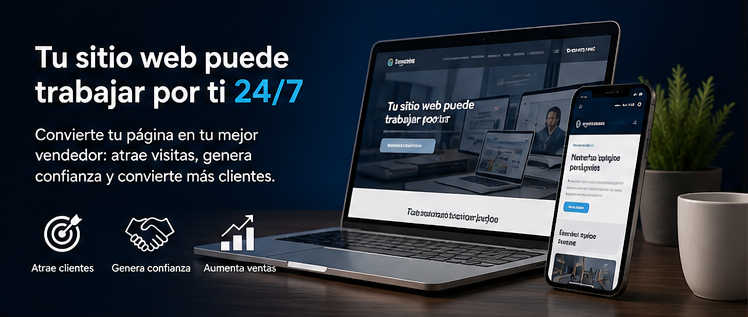 Imagen promocional de un sitio web mostrando una laptop y un teléfono con una página web adaptable, junto al texto ‘Tu sitio web puede trabajar por ti 24/7’ y un mensaje sobre atraer visitas, generar confianza y aumentar ventas, acompañado de iconos de objetivos, confianza y crecimiento.