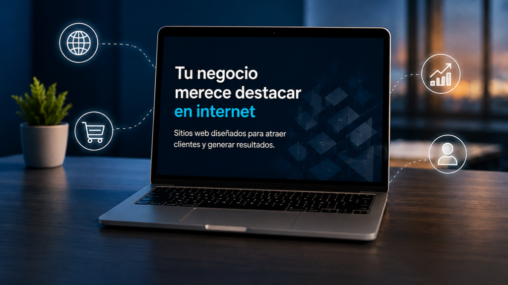 Imagen promocional de una computadora portátil sobre un escritorio con el mensaje ‘Tu negocio merece destacar en internet’ y el texto ‘Sitios web diseñados para atraer clientes y generar resultados’, acompañada de iconos de globo, carrito de compras, crecimiento y usuario.