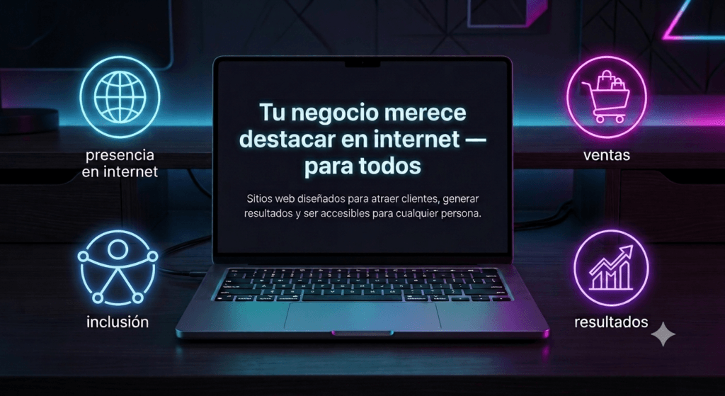 Laptop con el mensaje 'Tu negocio merece destacar en internet — para todos' y 'Sitios web diseñados para atraer clientes, generar resultados y ser accesibles para cualquier persona', rodeada de íconos con efecto neón de presencia en internet, ventas, resultados e inclusión representada por una versión del mas reciente Símbolo Internacional de Accesibilidad (SIA).