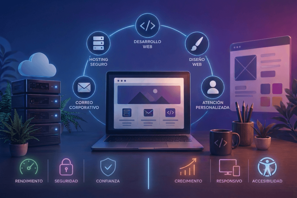 Laptop mostrando una página web con secciones de contenido, correo y código, rodeada de seis íconos con efecto neón que representan los servicios: hosting seguro, desarrollo web, diseño web y atención personalizada arriba; rendimiento, seguridad, confianza, crecimiento, diseño responsivo y accesibilidad abajo.